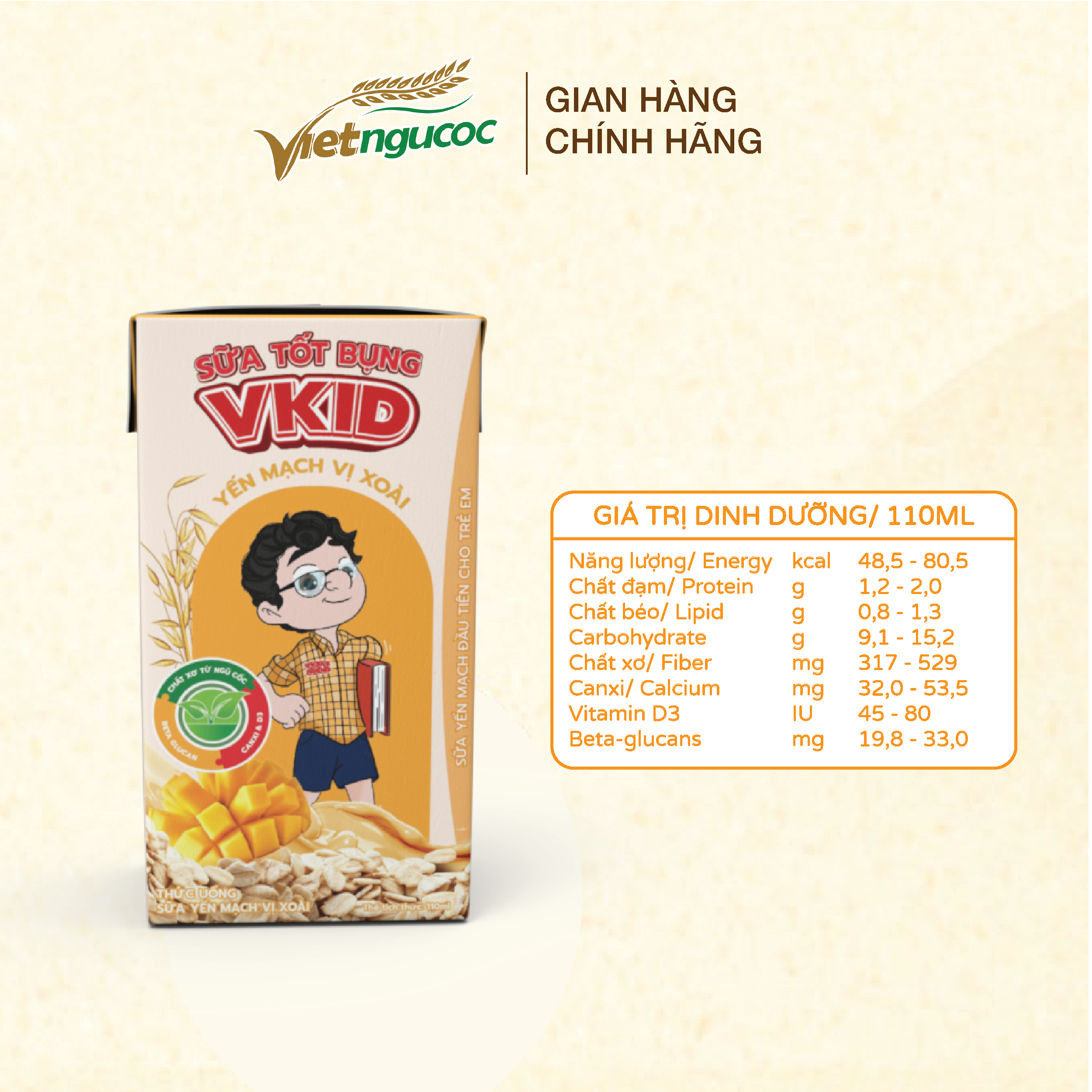 Thùng 48 Hộp Sữa Yến Mạch V-kid Việt Ngũ Cốc Vị Xoài 110ml/Hộp
