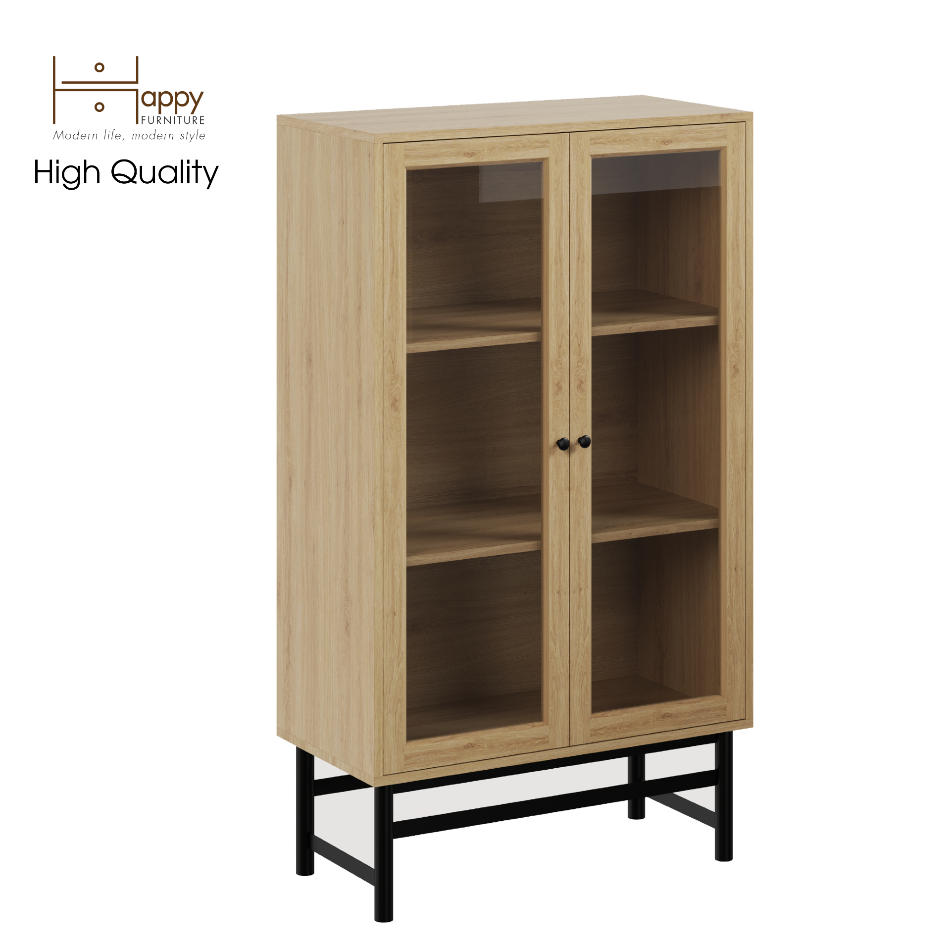 [Happy Home Furniture] CATY , Kệ sách 3 tầng cửa kính - chân sắt ,  80cm x 39cm x 140cm (DxRxC), KSA_023