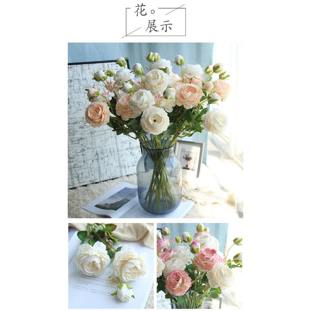 Hoa mẫu đơn cành lớn 3 bông, hoa giả nhân tạo