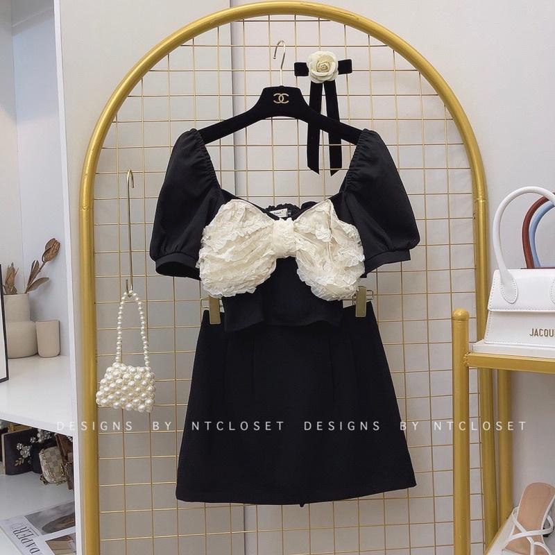 Set áo nơ hoa nổi mix chân váy A nt closet