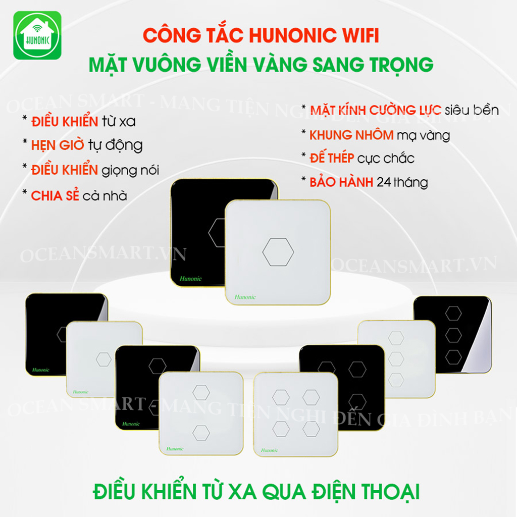 Công Tắc Thông Minh Wifi Hunonic, Công Tắc Điều Khiển Từ Xa Qua Điện Thoại Hình Vuông - HNSV