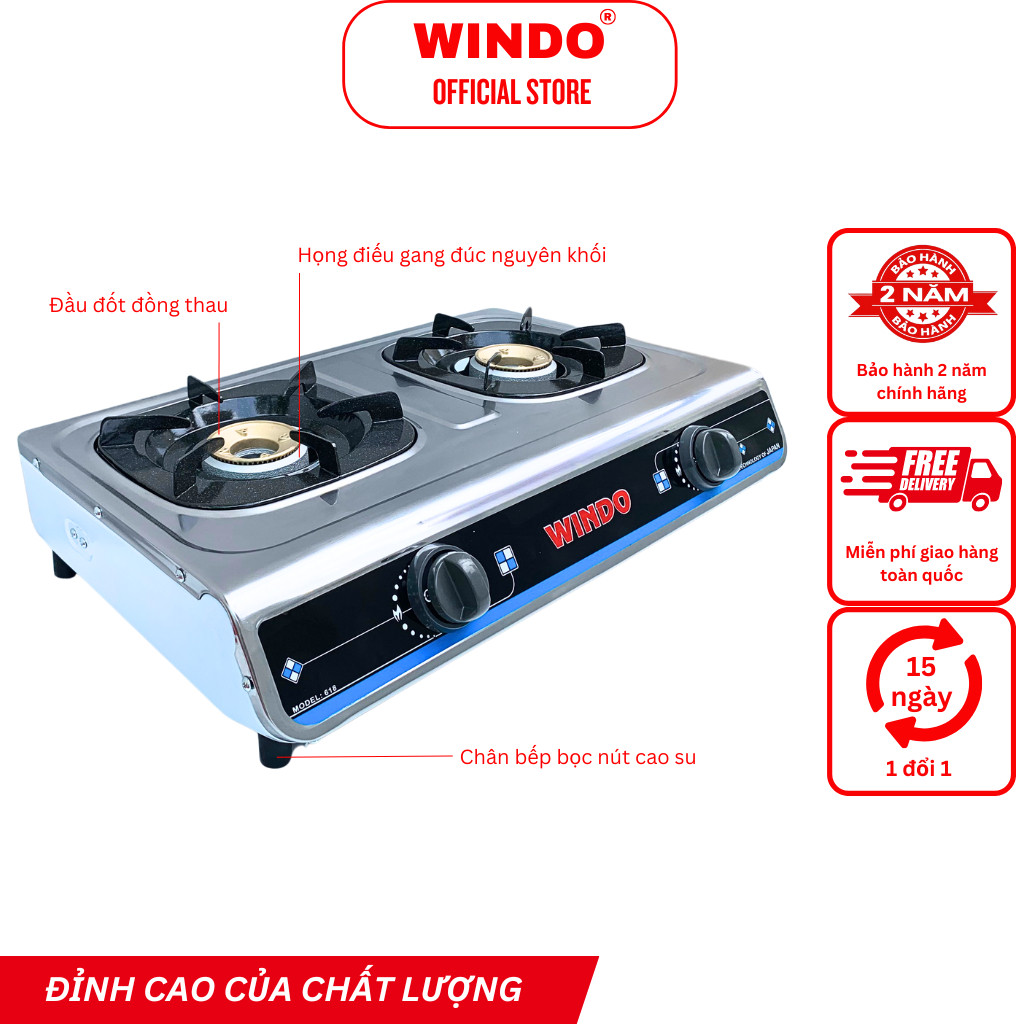 Bếp Gas Đôi WINDO - 618 Điếu Gang Đơn Mặt Inox -Bếp gas đôi 6 tấc điếu gang - Tiết kiệm gas- Hàng chính hãng