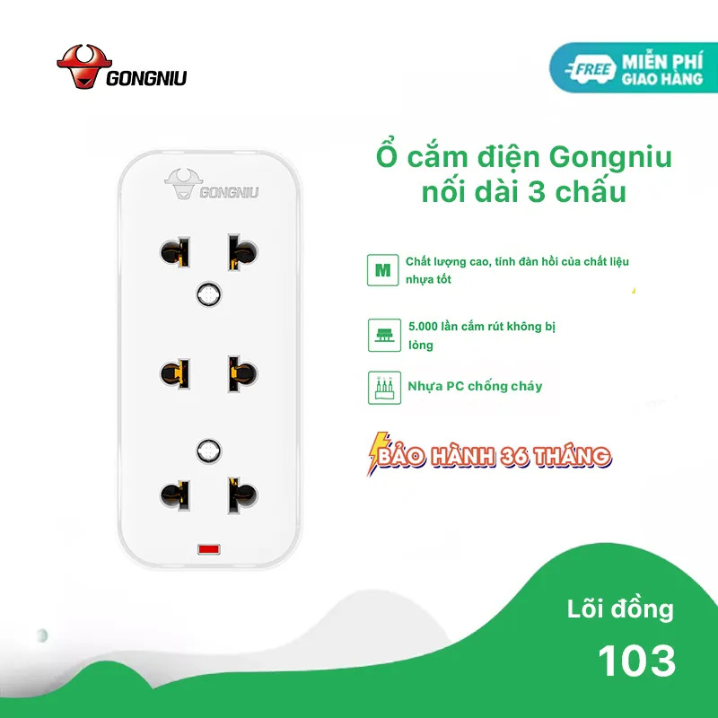 Ổ Cắm Điện Mini Gongniu 3 Ổ Không Kèm Dây – Công Suất 10A/250/2500W – Trắng – Chính Hãng