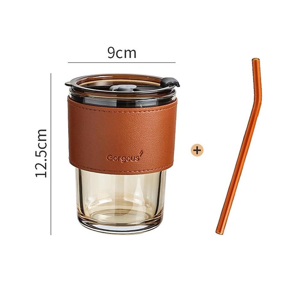 Sỉ 22k- Cốc thuỷ tinh vỏ da có nắp và ống hút, ly uống nước đẹp dung tích 450ml