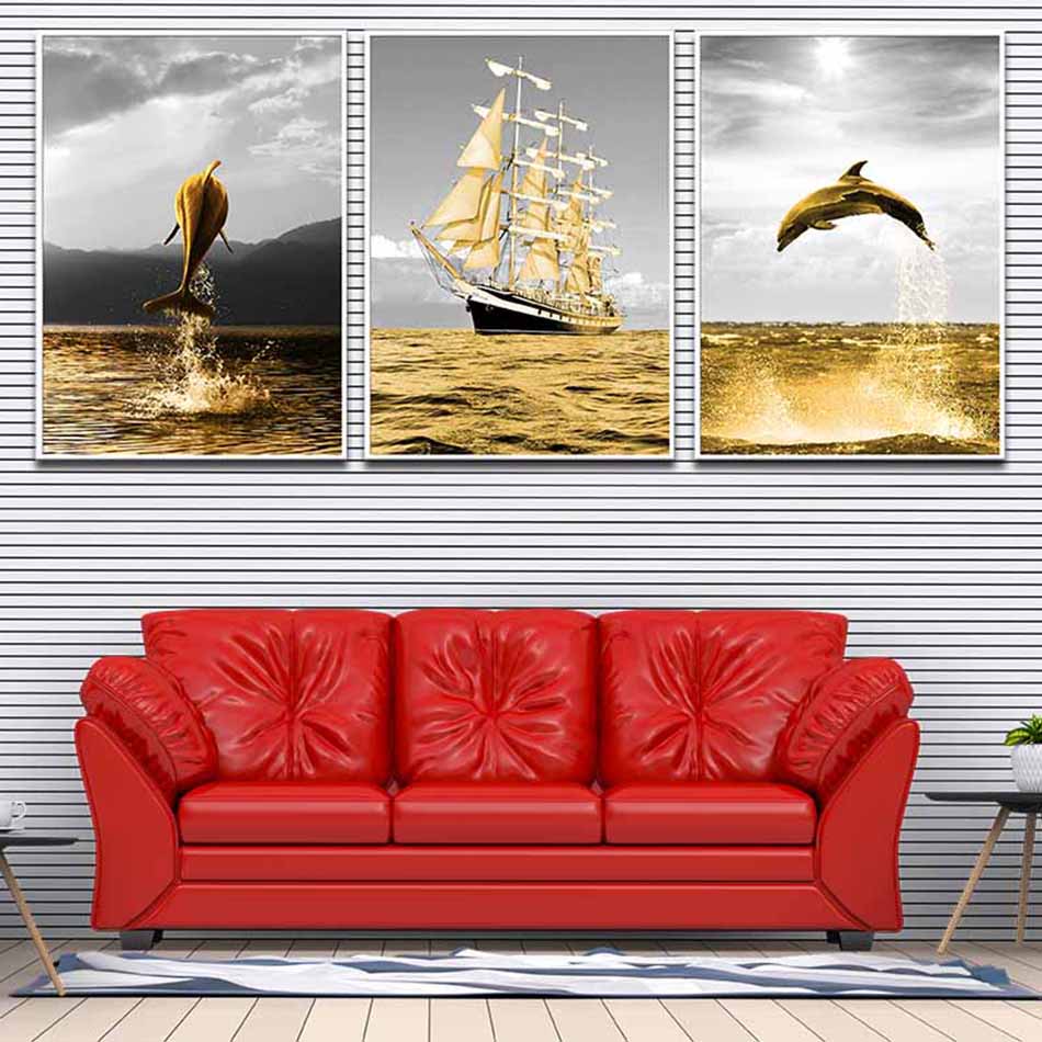 Bộ 3 tranh canvas treo tường decor con thuyền, biển và cá heo vàng DC007 50x70cm x3c