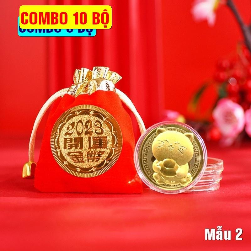 COMBO 10 Đồng Xu Hình Con Mèo Vàng + Túi gấm đỏ 2023 chiêu tài - Mẫu 2