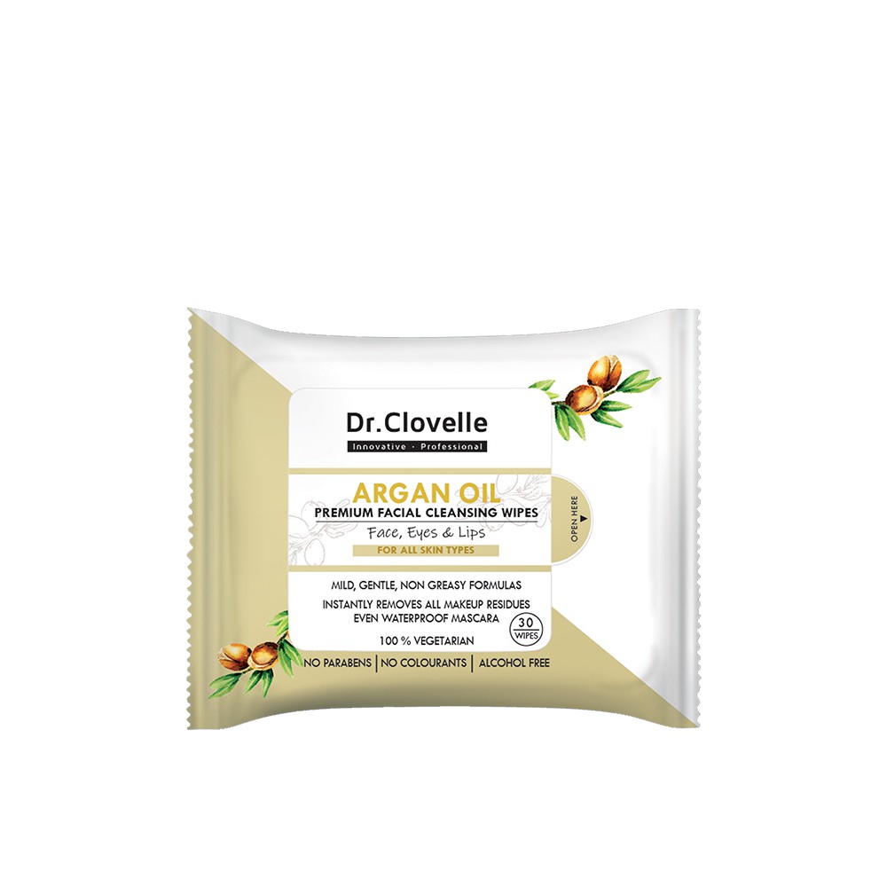 Khăn giấy ướt Anh Quốc cao cấp Dr Clovelle cấp ẩm tức thì cho da, không bã nhờn, tẩy trang hiệu quả, hương dầu Argan thơm mát