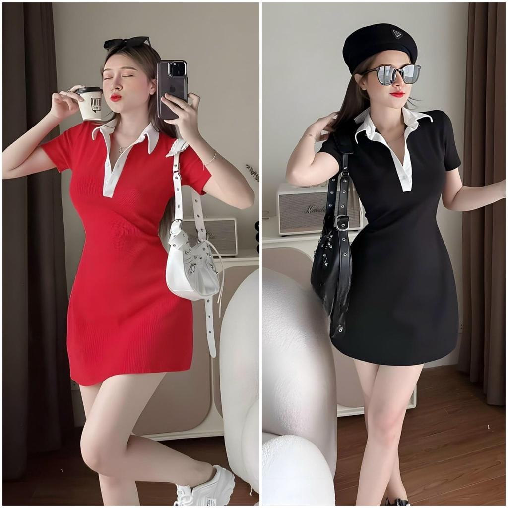 Đầm thun xoè phối cổ sơmi cài nút siêu hot