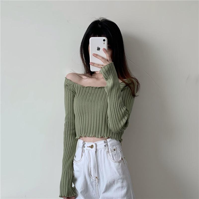 MS217 Áo len nữ dài tay viền bèo croptop kẻ sọc