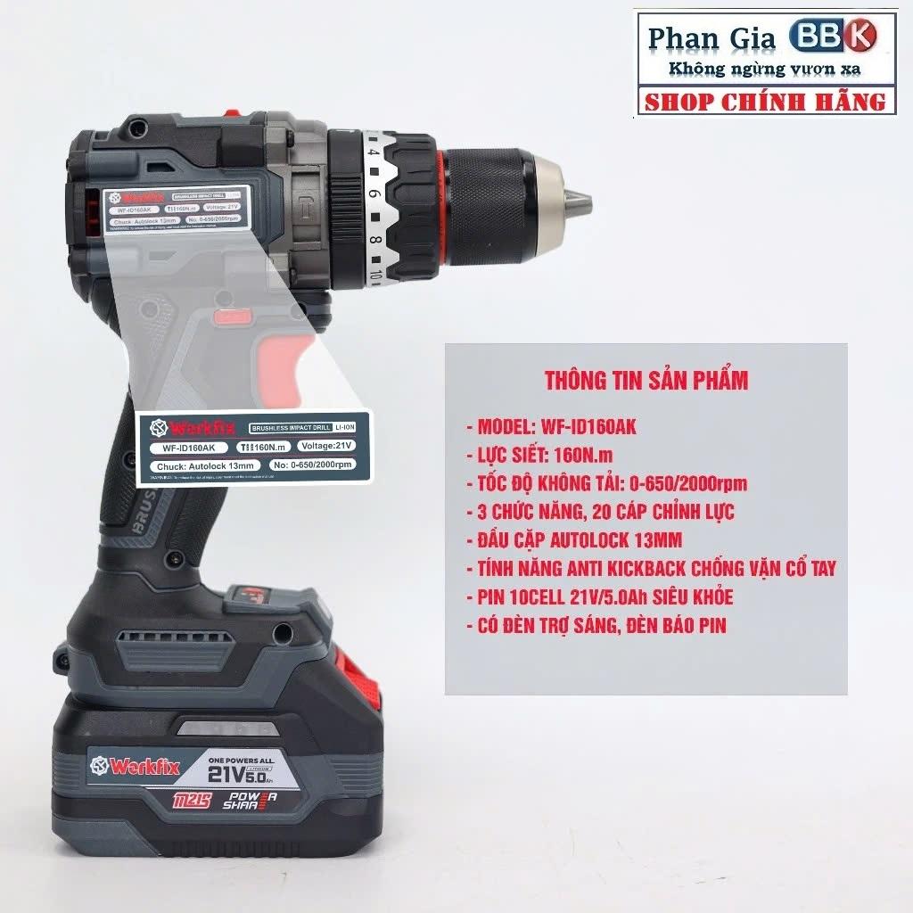 Máy khoan pin 13mm Workfix WF-ID160AK lực siết 160Nm, Không Chổi Than, Chống lật cổ tay-Bảo hành chính hãƞg