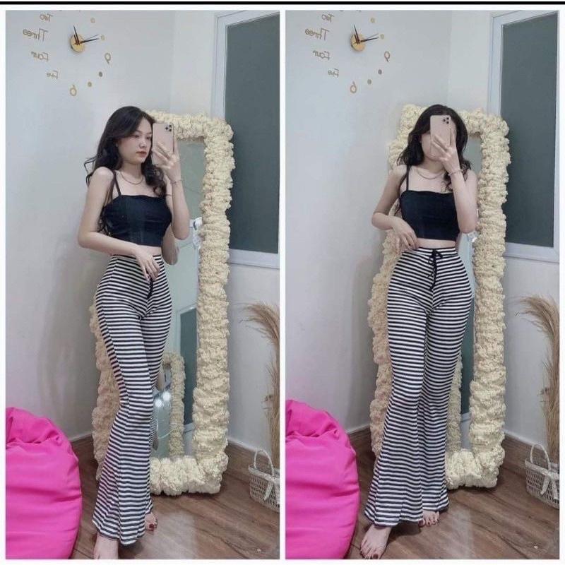 Quần ống loe dáng dài, quần ống loe nữ, quần le đen kẻ xám.