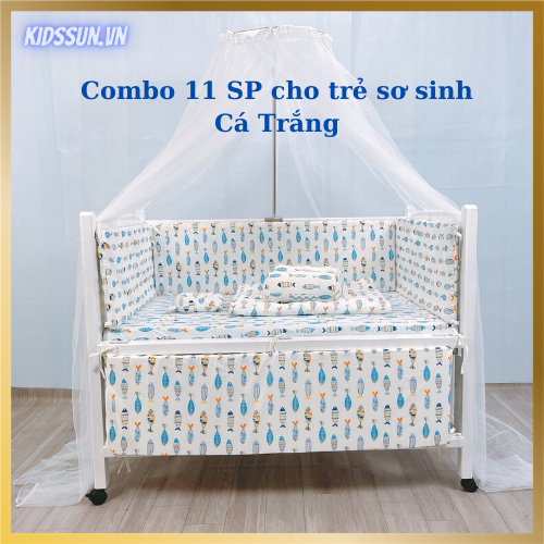 Giường Cũi - Nôi Cũi  Cho Bé Từ Sơ Sinh Đến 5 Tuổi - Chất Liệu Gỗ Quế Màu Trắng – Combo đầy đủ 11 sản phẩm cho trẻ sơ sinh Kích thước 70 x 110 x 86cm ( R x D x C ) 