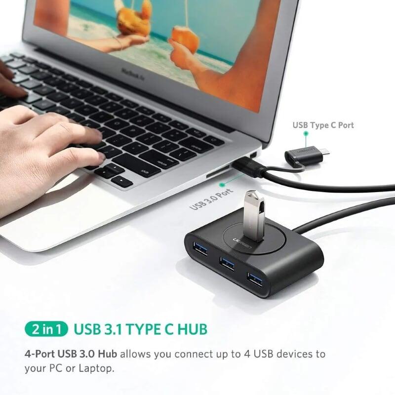 Ugreen UG40850CR113TK 1M Màu Đen Bộ chuyển đổi TYPE C sang 4 USB 3.0 + nguồn MICRO USB hỗ trợ OTG TYPE C - HÀNG CHÍNH HÃNG