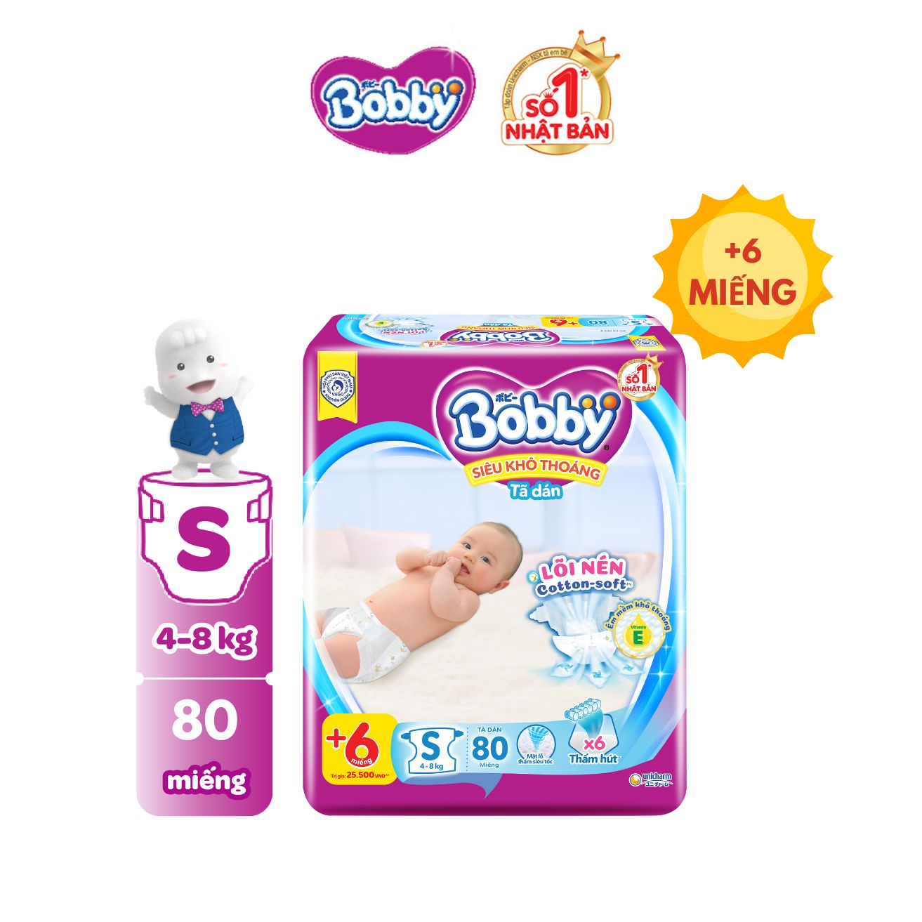 Tã dán Bobby siêu thấm - khô thoáng S80 + 6