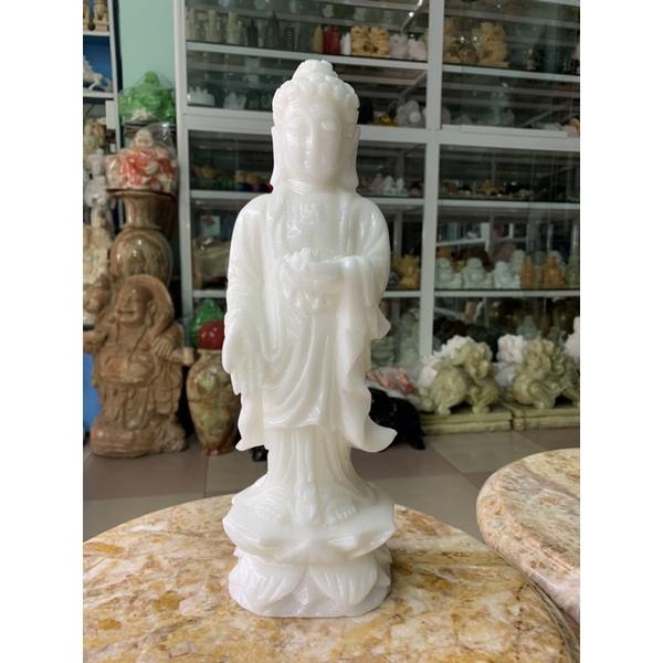 Bộ Tượng Tam Thế Phật Đứng Đài Sen Đá Cẩm Thạch Trắng - cao 31.5cm