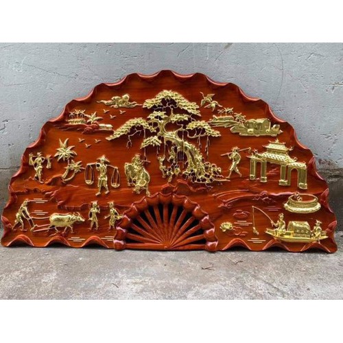 Tranh quạt gỗ phong cảnh đồng quê - gỗ hương đỏ