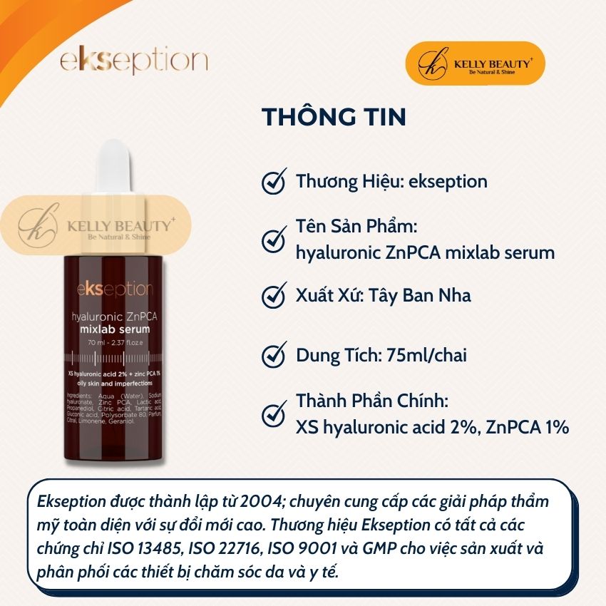 ekseption Hyaluronic ZnPCA mixlab serum - Tinh Chất Kiềm Dầu, Chống Viêm; Giảm Mụn Trứng Cá - Kelly Beauty