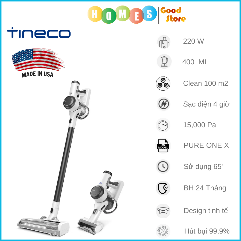 Máy Hút Bụi Cầm Tay, Máy Hút Bụi Không Dây TINECO Pure One X Thương Hiệu Mỹ Lực Hút 12,000 Pa, Có Kết Nối App Theo Dõi, Công Suất 220 W - Hàng Chính Hãng - Bảo Hành 24 Tháng