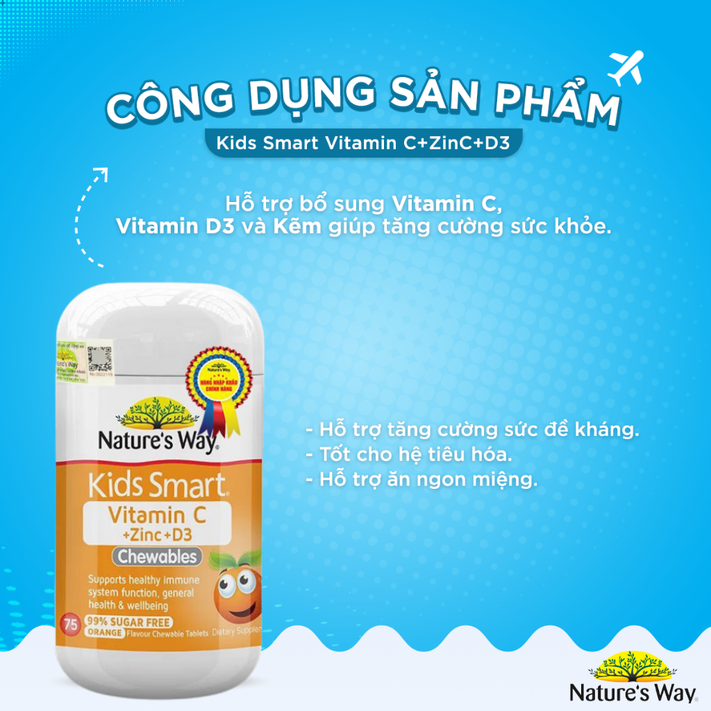 Combo 2 Viên Nhai Cho Bé Nature's Way Kids Smart Vitamin C+ZinC+D3 Và Immune Defence Bổ Sung Vitamin, Tăng Cường Miễn Dịch