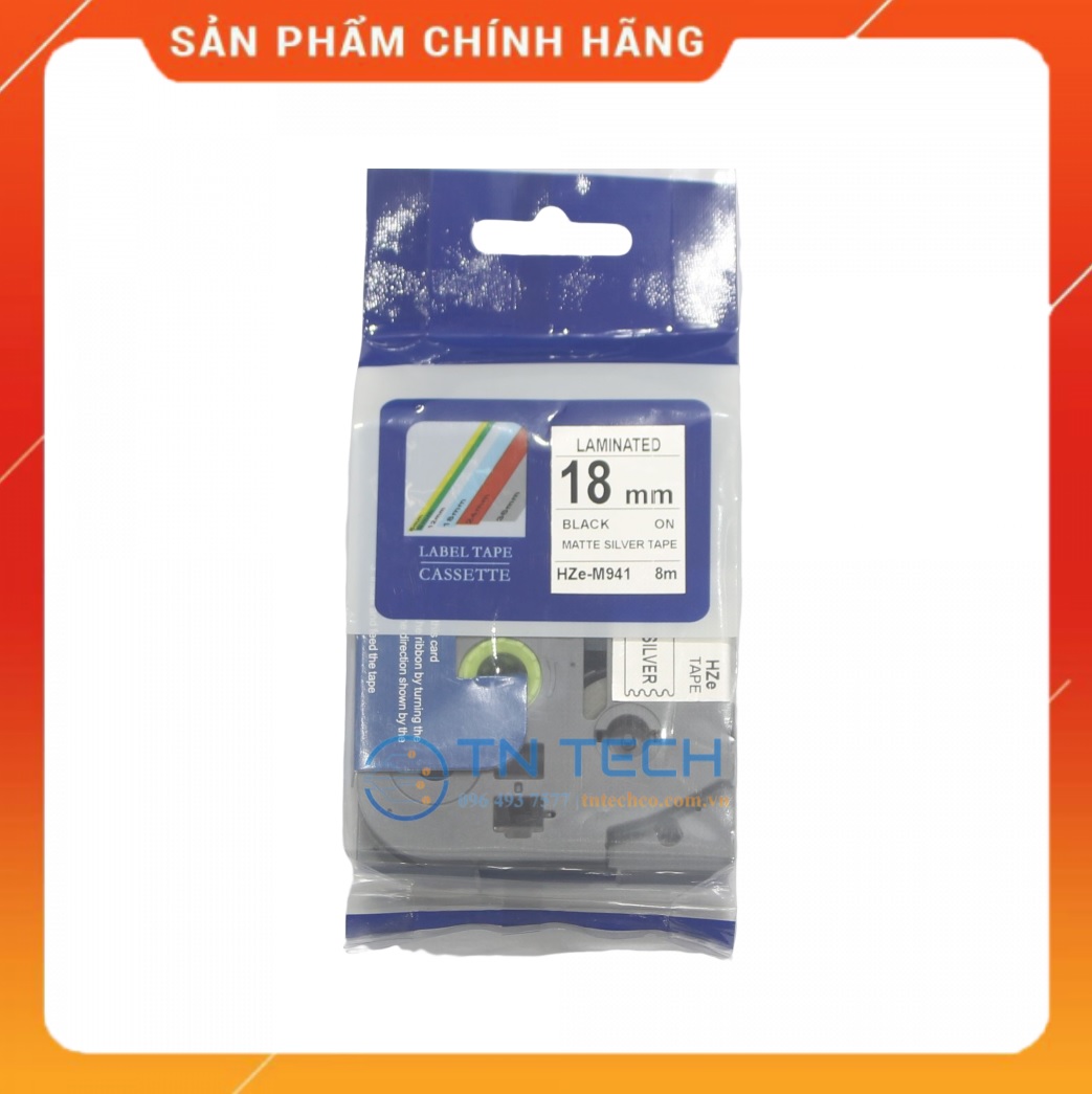 Nhãn In HZE-M941 - Đen nền bạc 18mm x 8m - Dùng cho máy in BROTHER - AIMO - PUTY [Hàng nhập khẩu]