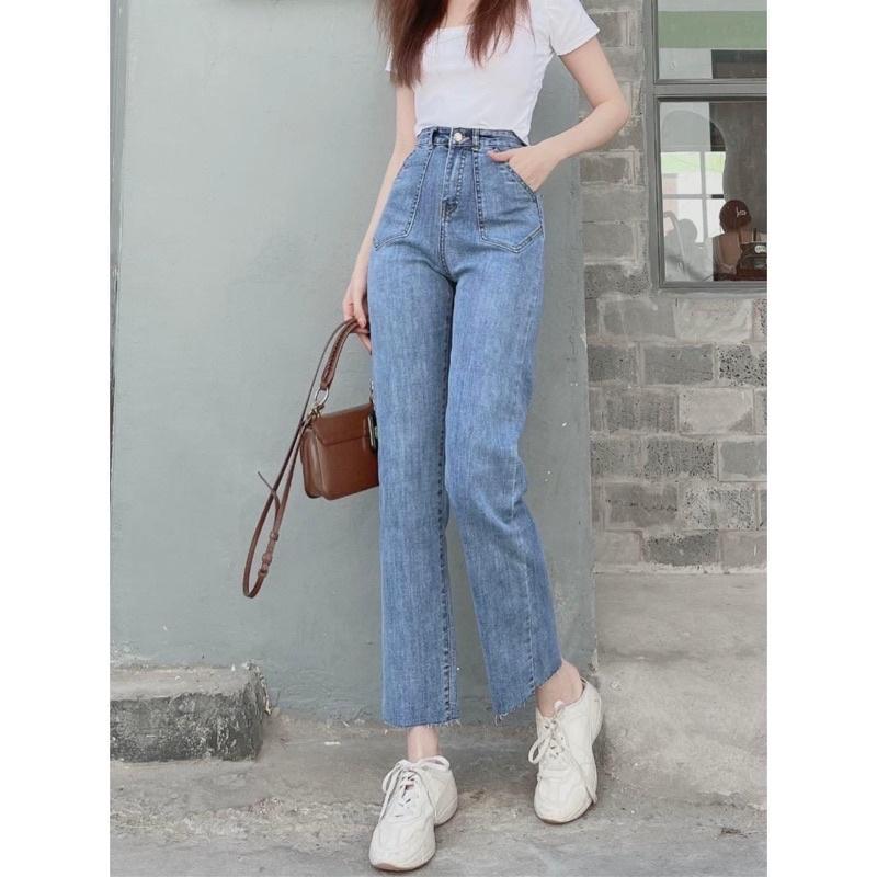 Quần jeans nữ ống đứng cạp cao túi trước có giãn kiểu dáng Hàn Quốc