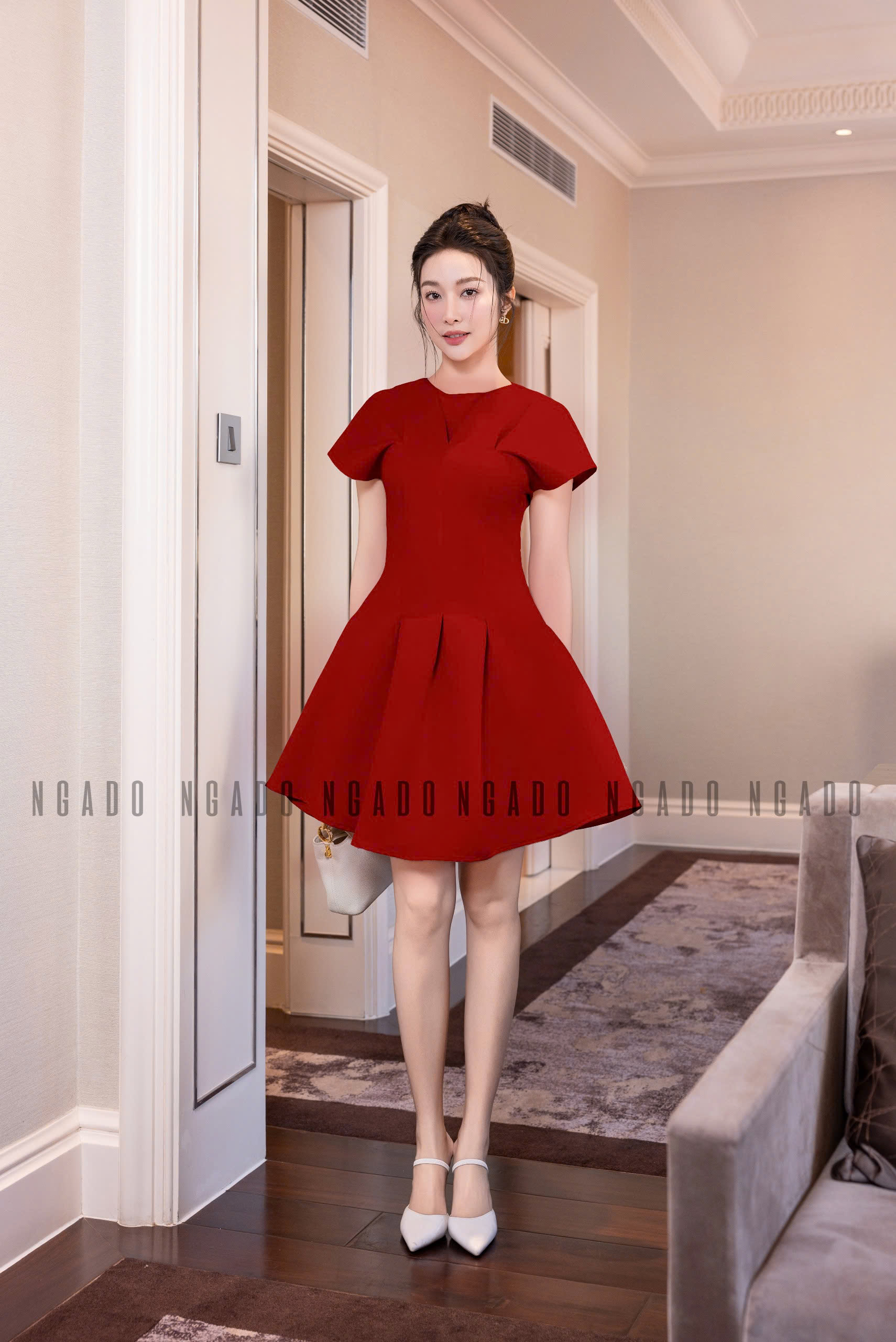 Đầm đỏ tay dơi xếp ly NGADO , đầm peplum , đầm kiểu Nữ , đầm dự tiệc