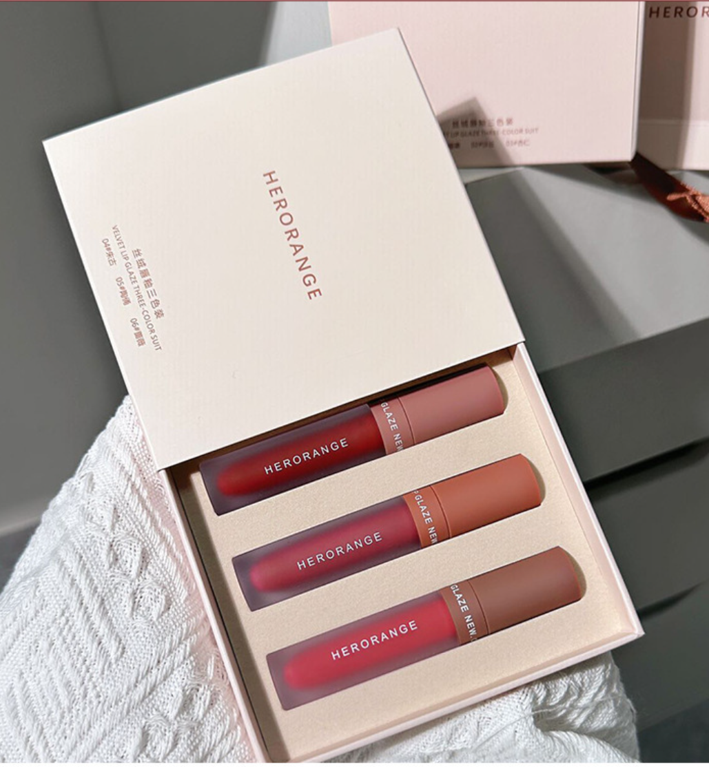 Set 3 cây son lì HERORANGE/VELVET LIP GLAZE THREE COLOR SUIT lâu trôi mịn như nhung - Hity Beauty