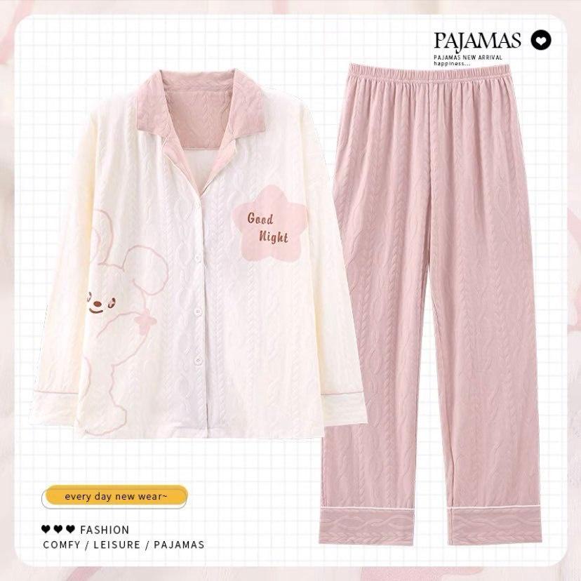 Bộ Pijama Dài Tay Có Cổ Chất Liệu Cotton Nâng Cấp Mới Nhất