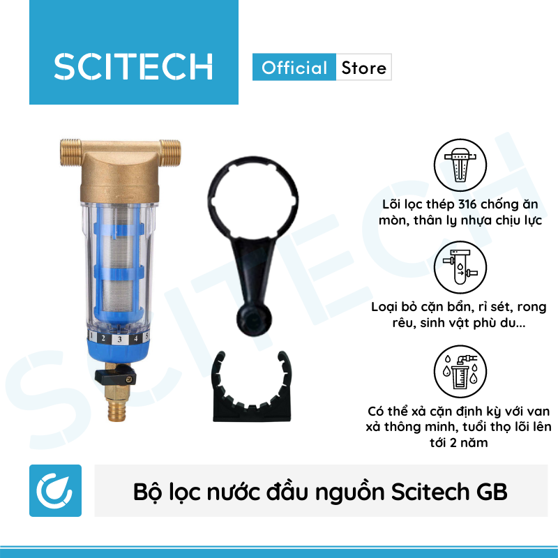 Bộ lọc nước thô đầu nguồn mini Scitech GB (Nhỏ gọn, có van xả cặn) - Hàng chính hãng