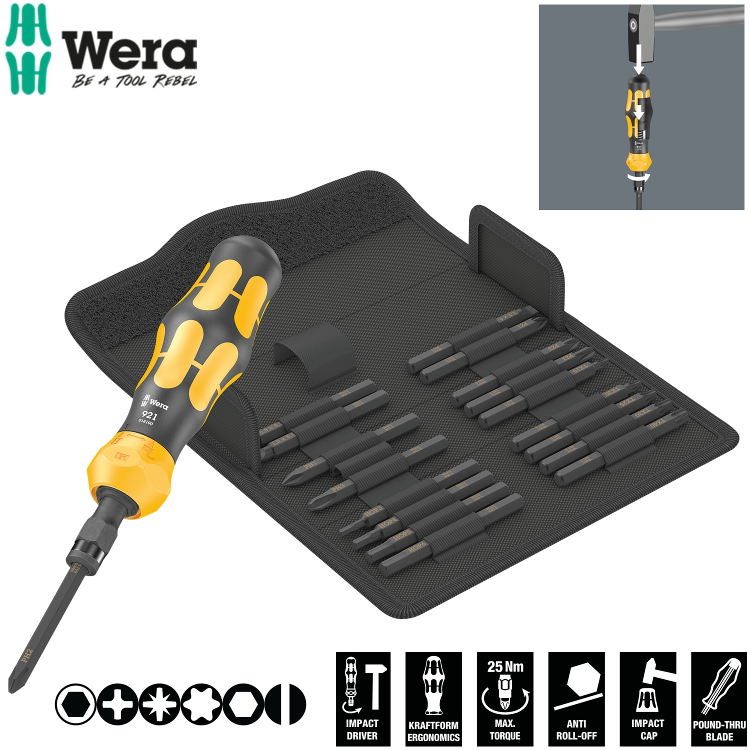 Bộ tua vít đóng nới lỏng ốc vít Wera 05018110001 Kraftform Kompakt 900 Set 1 gồm 19 chi tiết với các đầu vít dài 70mm