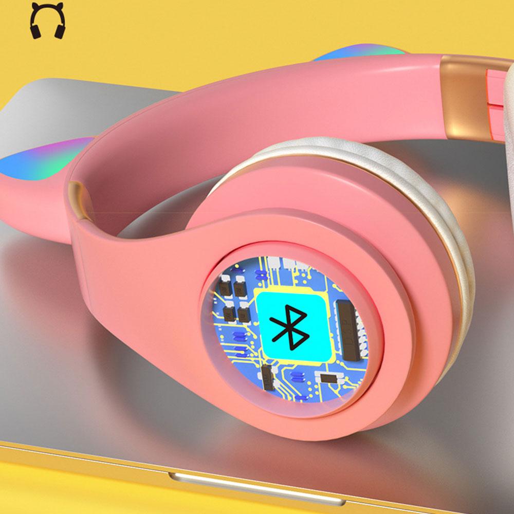 Ms Sáng Mèo Tai Tai Nghe Không Dây LED Kid Cô Gái Nhạc Stereo Mũ Bảo Hiểm Điện Thoại Bluetooth 5.0 Có Thể Điều Chỉnh Tai Nghe Tai Nghe Chụp Tai