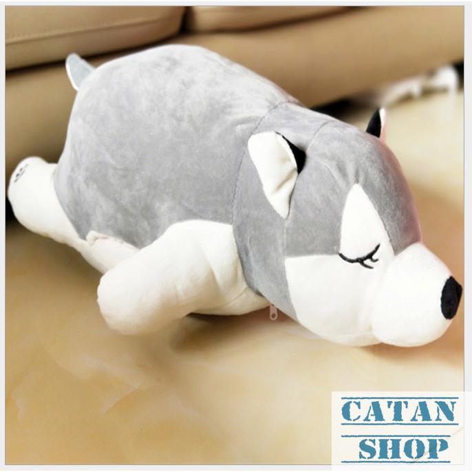 Gấu bông kèm mền, Gối mền chó Husky khăn quàng đỏ dai 60cm , nỉ nhung cực mịn