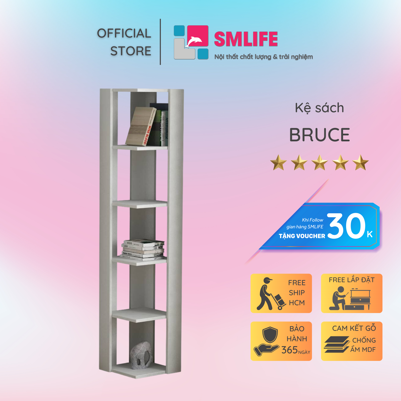 Kệ sách gỗ hiện đại SMLIFE Bruce  | Gỗ MDF dày 17mm chống ẩm | D34xR34xC160cm - Màu