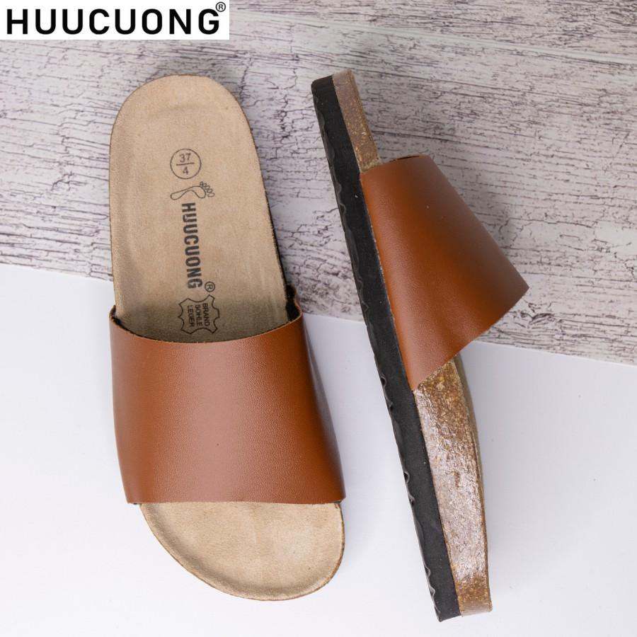 Dép unisex HuuCuong 1 quai pu nâu đế trấu