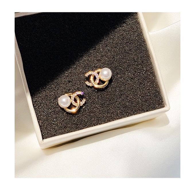 Hoa tai chữ X đính ngọc trai nhân tạo, chuôi bạc 925