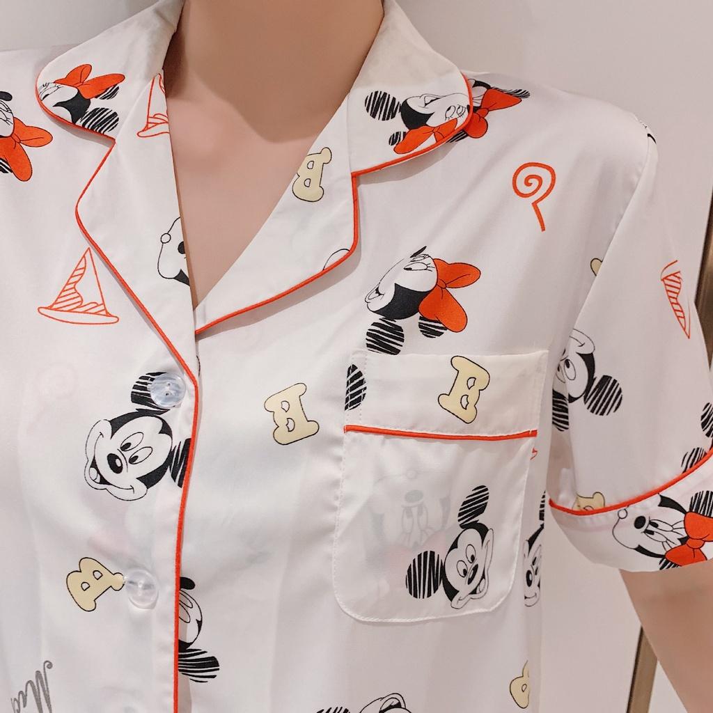 Đồ Bộ Nữ Ngắn - Đồ Mặc Nhà Vải Lụa Màu Trắng và Cam Cao Cấp In Họa Tiết Hoạt Hình CCLP13