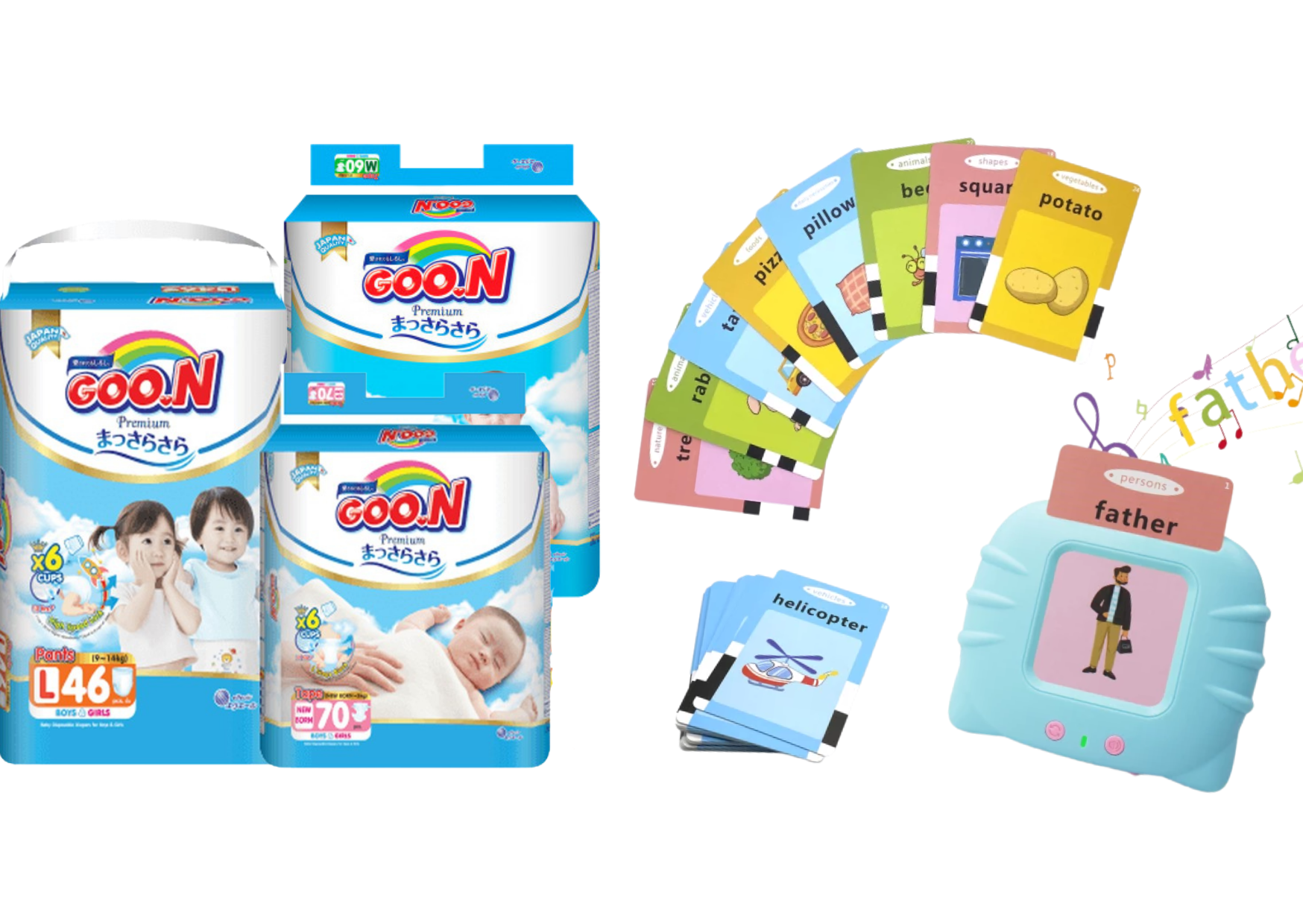 Combo 3 gói tã dán Goon Premium NB70/S64/M60/L50/XL46 tặng máy học song ngữ Anh-Việt bao gồm thẻ TILO KIDS TLK-1199