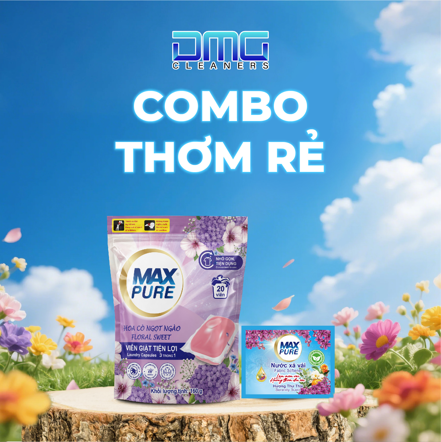 Combo Thơm Rẻ: 1 Túi Viên Giặt Hương Hoa Cỏ Ngọt Ngào 20v+ 1 Dây Nước Xả Hương Coco