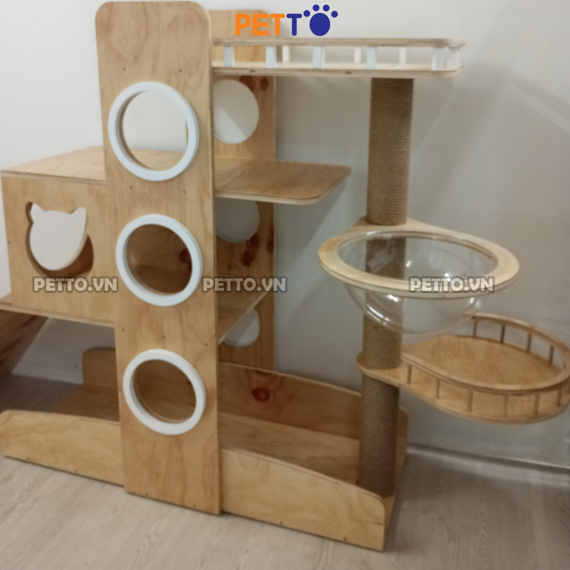 Cattree cho mèo PETTO nhà cây cho mèo bằng gỗ SIÊU TO có CẦU TUỘT thoải mái leo trèo CH048