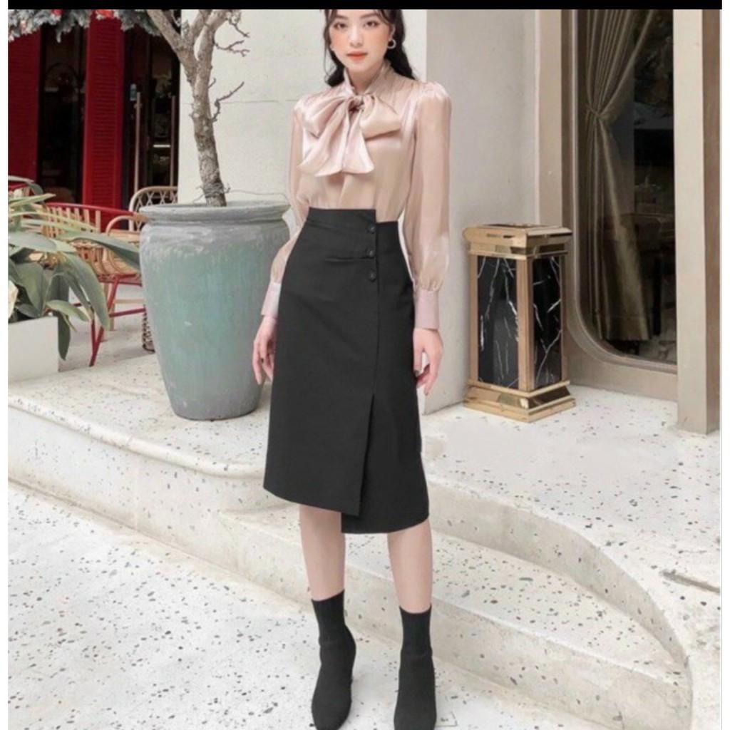 Chân váy công sở, dáng dài -bọc cúc