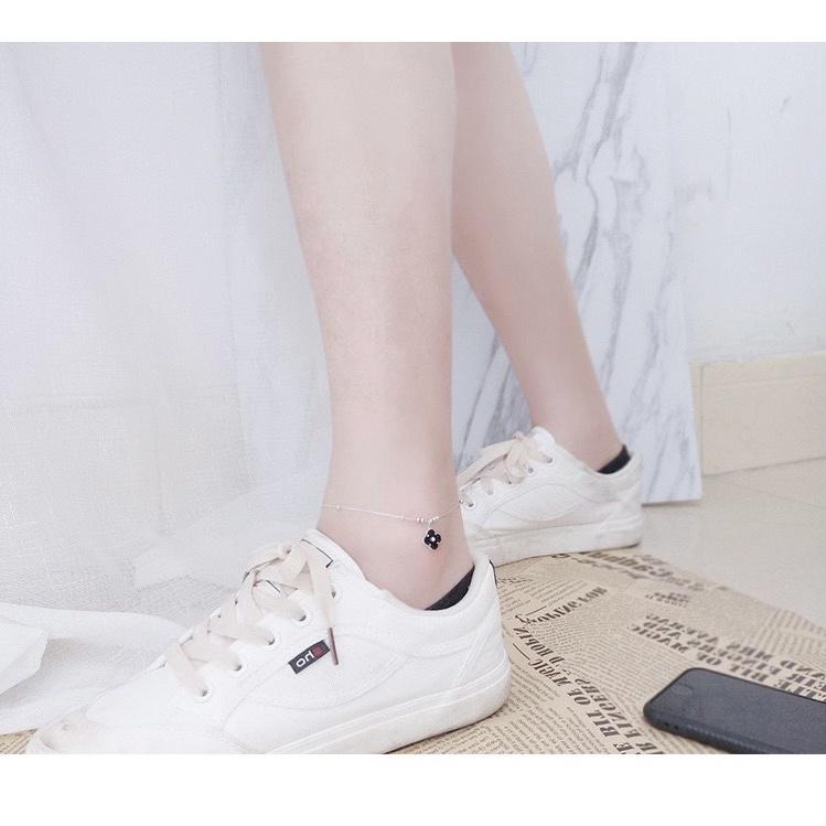 Lắc chân bạc nữ cỏ 4 lá may mắn bạc 925 xi kim, Lắc chân cỏ bốn lá bi bạc chất liệu 925-Minh Tâm Jewelry