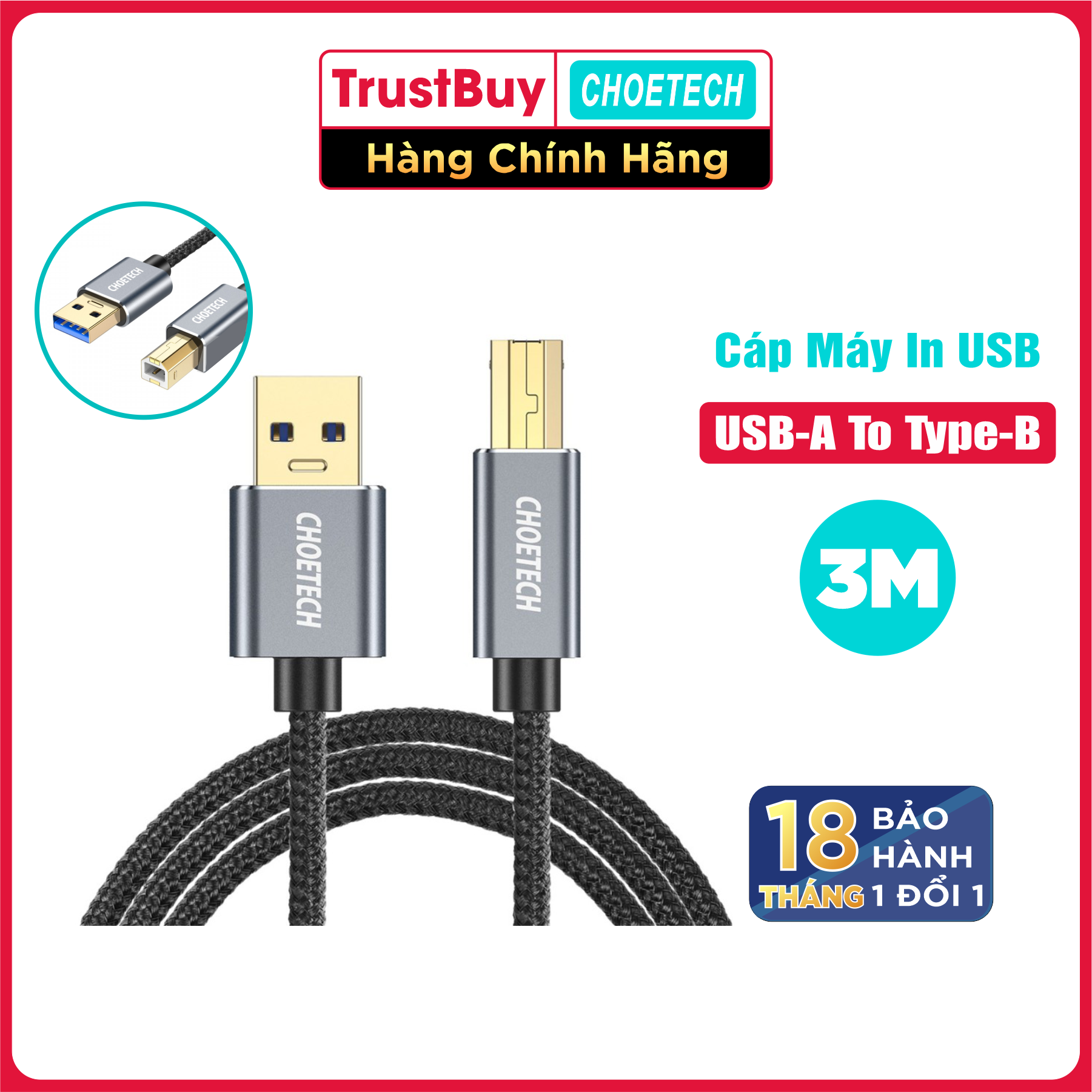 Dây Cáp Máy In USB 2.0 Từ USB-A To Type-B Dài 3M CHOETECH AB0011 - Hàng Chính Hãng