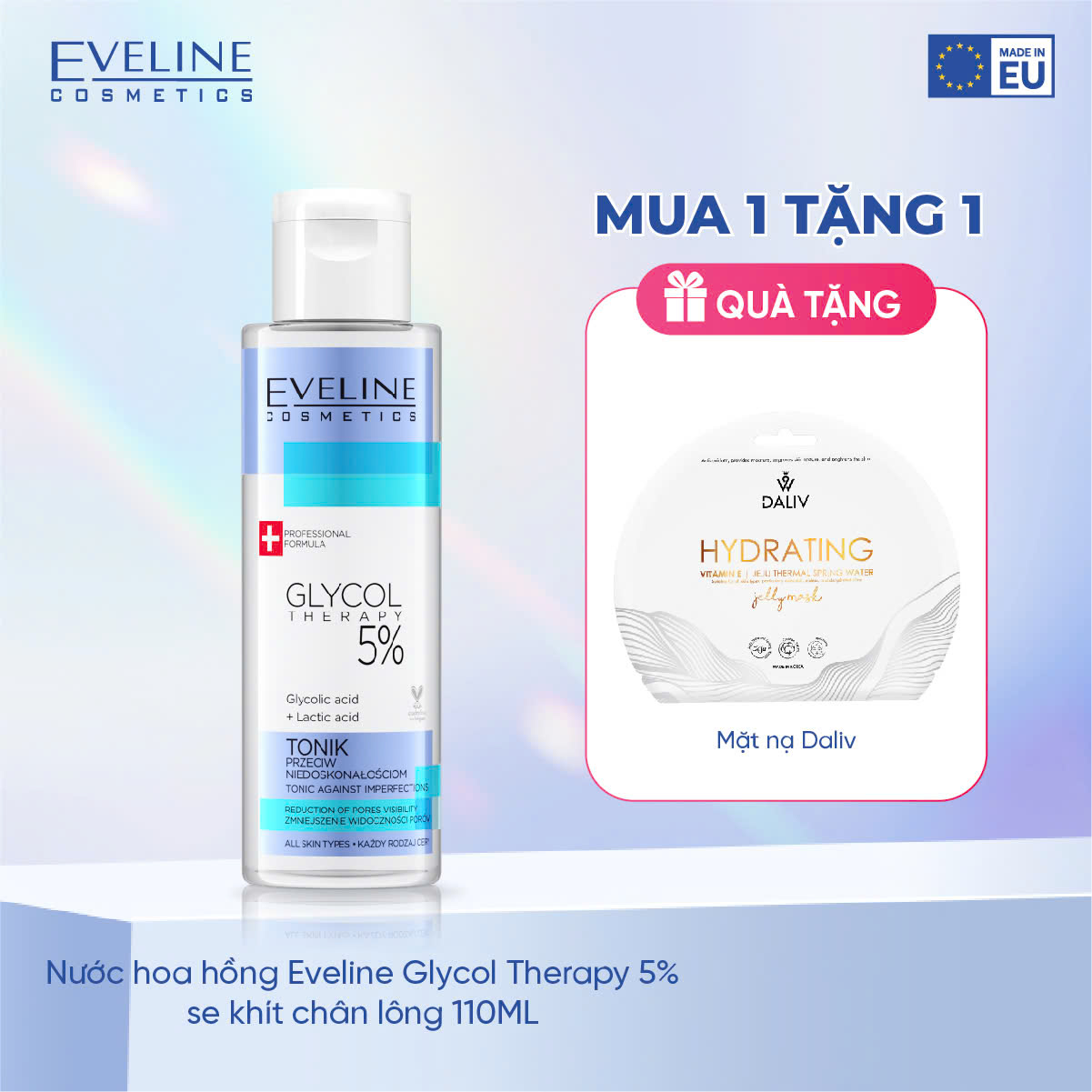Tặng 1 Mặt Nạ Nước Hoa Hồng Eveline Cosmetics Glycol Therapy Aha 5 Se Khít Chân Lông 110Ml