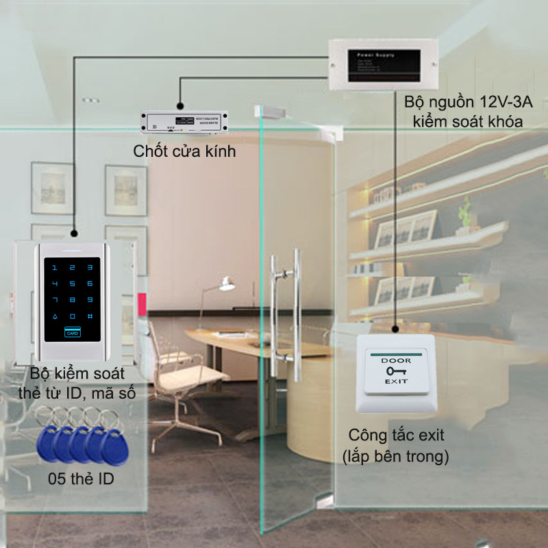 Khóa chốt cửa kính kèm bộ kiểm soát bằng thẻ ID+mã số+ nguồn điều khiển 12V-3A BCCK.ID06