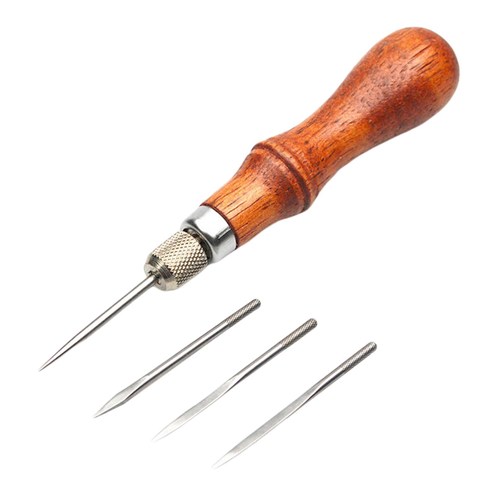 Professional Awl Tool Hand Sewing Repairing Wood Handle Leathercraft DIY