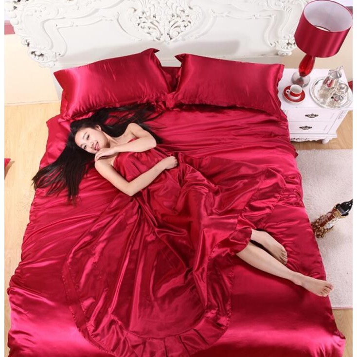 Bộ Vỏ Chăn Ga Gối Phi Lụa 5 Món Cao Cấp Màu Đỏ Tươi Hàng Loại 1 Không Nối Vải Kích Thước 1m6 và 1m8
