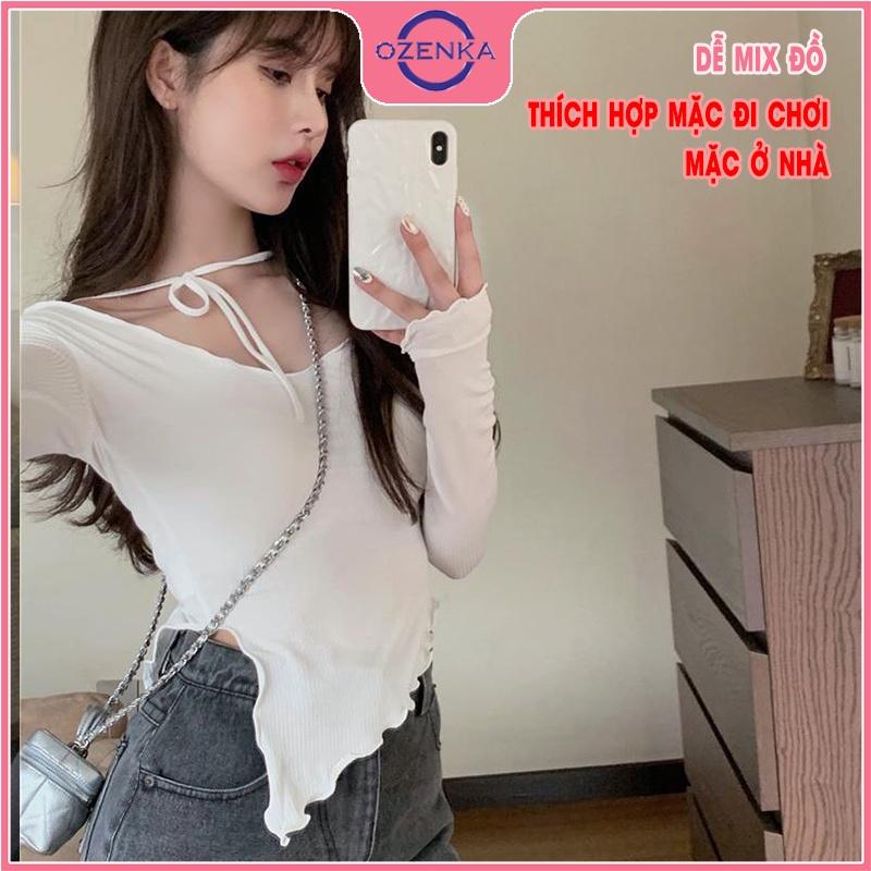Áo thun croptop tay dài sẻ gấu cổ rộng nữ OZENKA chất thun gân cao cấp 100% cotton màu đen trắng free size dưới 50 cân
