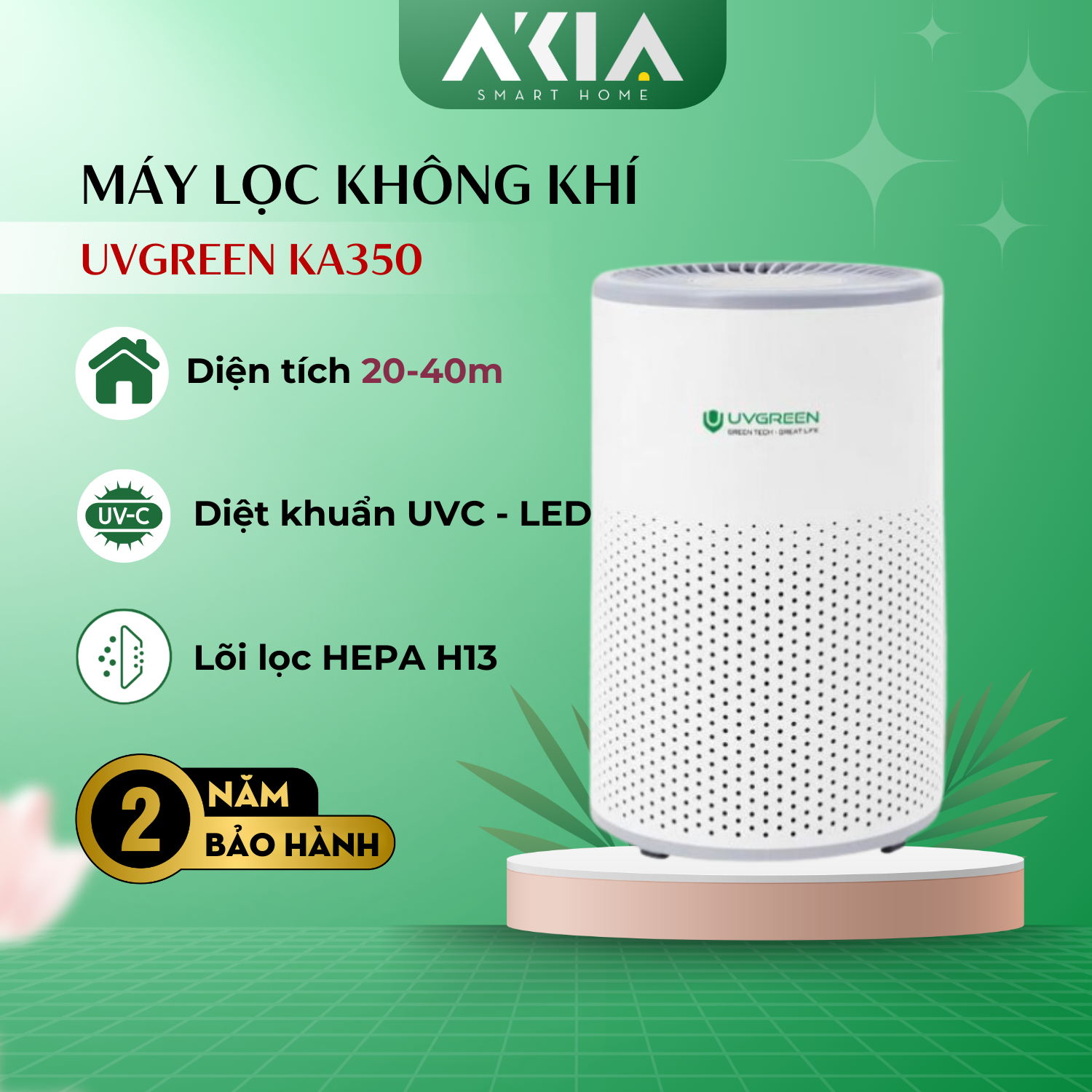 Máy lọc không khí UVGREEN KA350 40m2 - Lõi lọc HEPA H13, UVC LED diệt khuẩn - HÀNG CHÍNH HÃNG