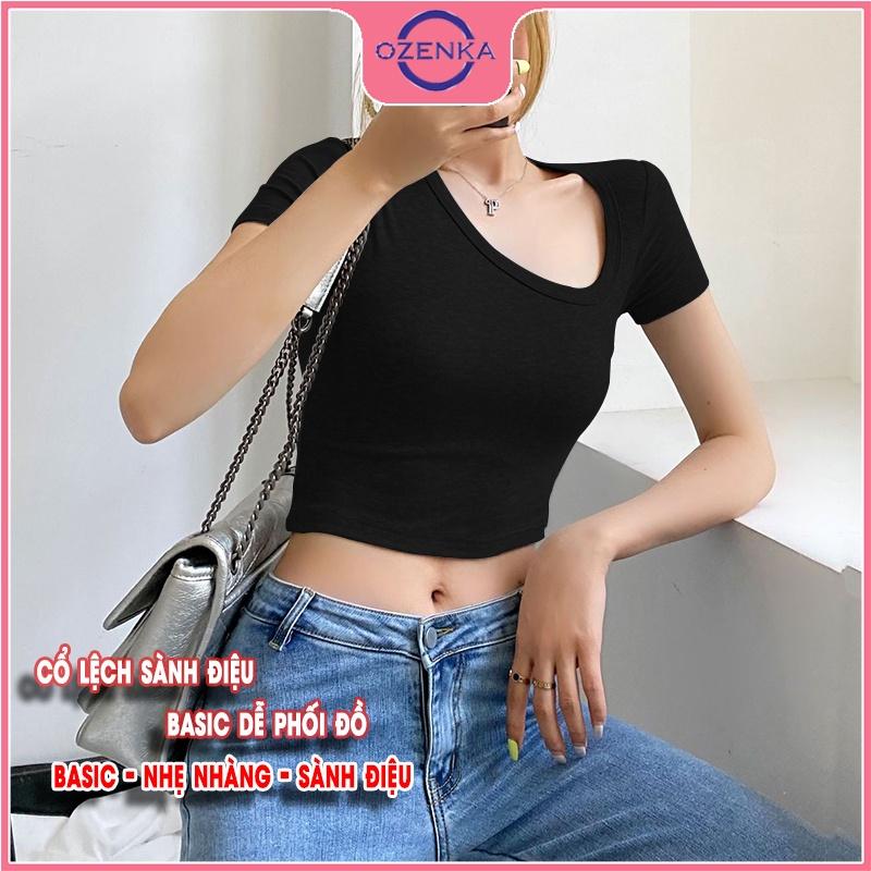 Áo croptop nữ tay ngắn ôm body cổ lệch, áo thun đẹp kiểu hàn quốc màu đen trắng dưới 50 kg