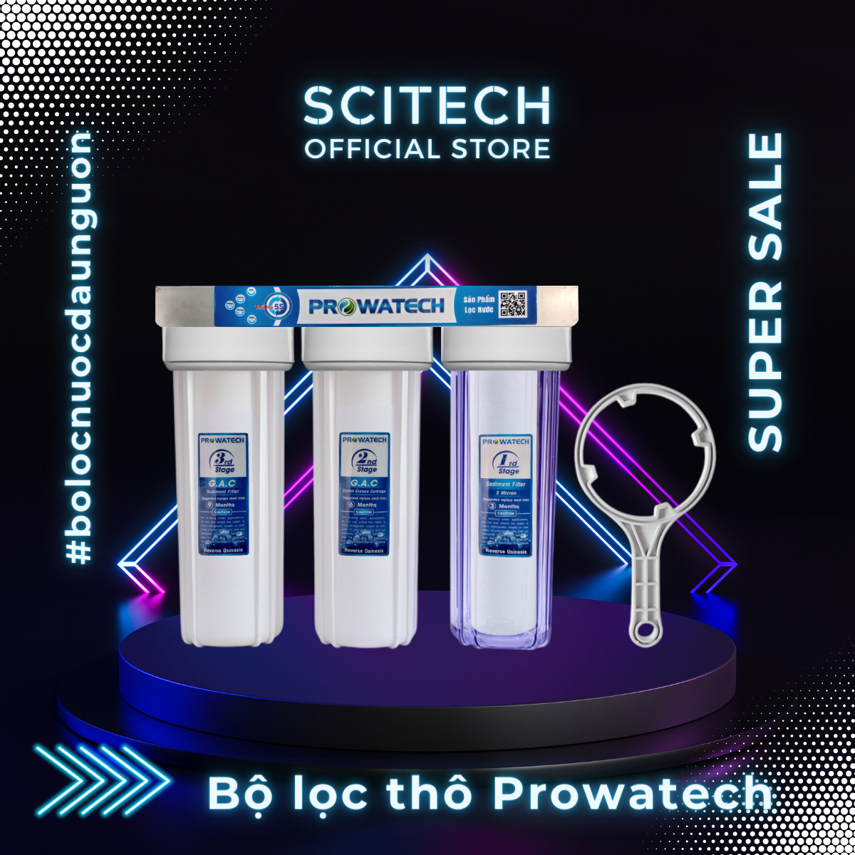 Bộ lọc nước sinh hoạt, bộ ba lọc thô 10 inch Prowatech by Scitech - Hàng chính hãng